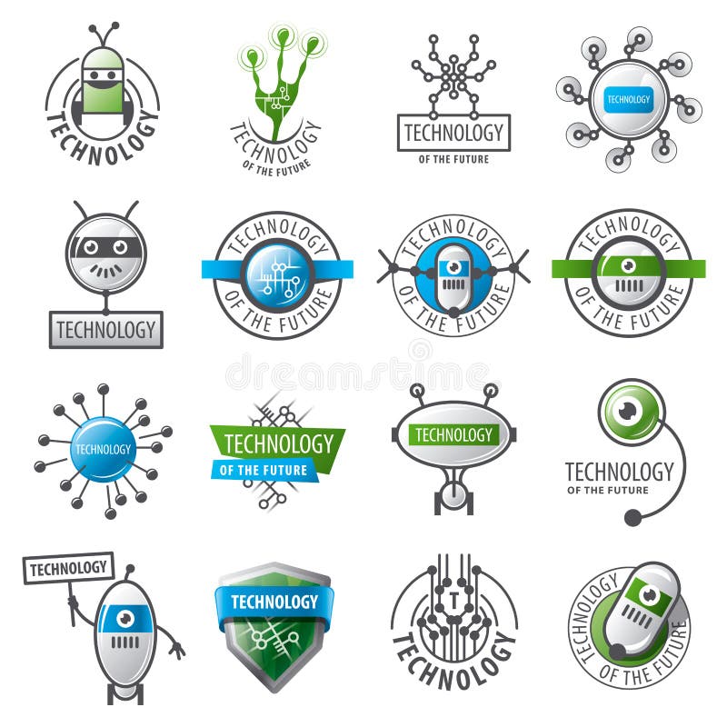 Insieme dei robot e delle nuove tecnologie del logos di vettore illustrazione vettoriale Insieme dei robot e delle nuove tecnologie del logos di vettore illustrazione vettoriale