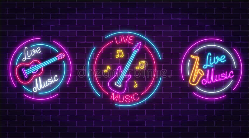 Insieme dei simboli musicali di musica in diretta al neon con le strutture del cerchio Tre segni di musica in diretta con la chit illustrazione vettoriale Insieme dei simboli musicali di musica in diretta al neon con le strutture del cerchio Tre segni di musica in diretta con la chit illustrazione vettoriale