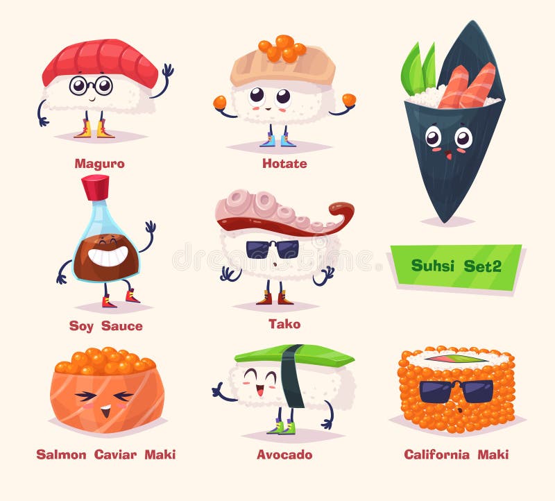 Insieme dei sushi Salsa di soia e rotolo di sushi Alimento giapponese illustrazione vettoriale