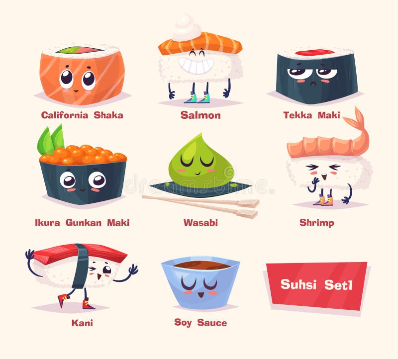 Insieme dei sushi Salsa di soia e rotolo di sushi Alimento giapponese illustrazione vettoriale