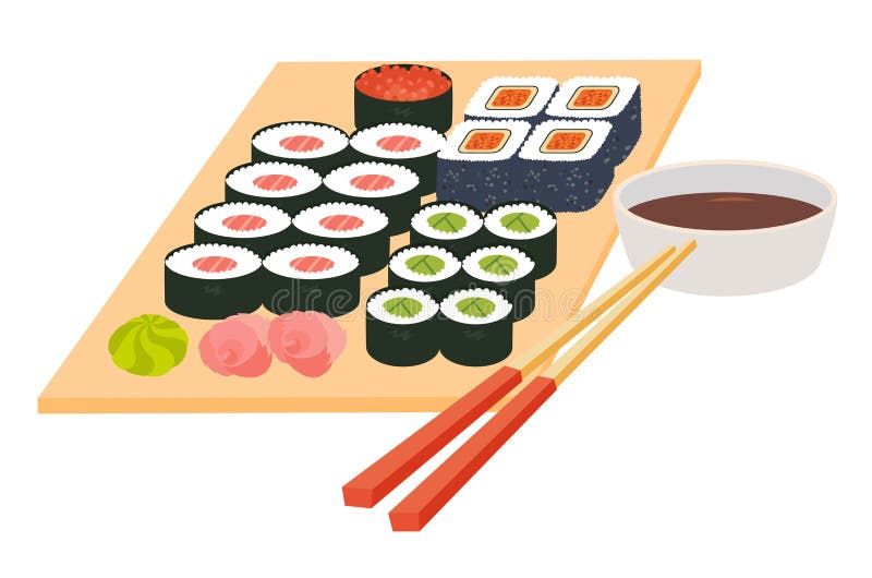 Insieme dei sushi Vettore giapponese dei frutti di mare Alimento asiatico del ristorante sulla tavola illustrazione vettoriale Insieme dei sushi Vettore giapponese dei frutti di mare Alimento asiatico del ristorante sulla tavola illustrazione vettoriale