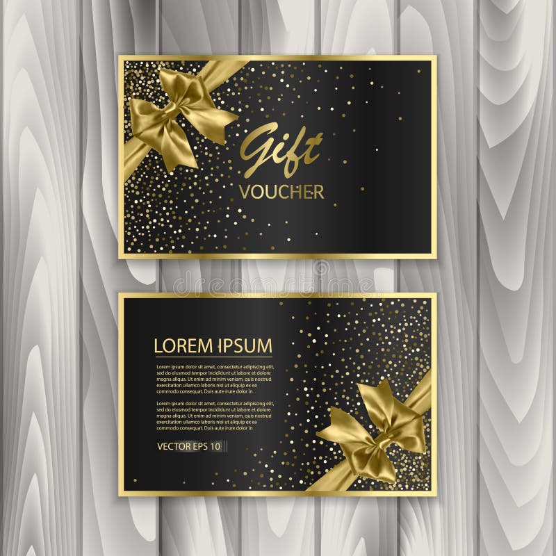 Insieme del buono di regalo brillante con l'arco dorato realistico Modello di vettore per la carta di regalo royalty illustrazione gratis Insieme del buono di regalo brillante con l'arco dorato realistico Modello di vettore per la carta di regalo royalty illustrazione gratis