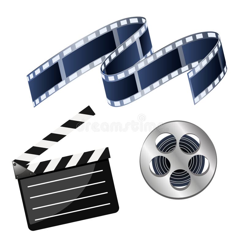 Insieme del cinema delle illustrazioni di vettore che consiste della bobina con il film, illustrazione di stock Insieme del cinema delle illustrazioni di vettore che consiste della bobina con il film, illustrazione di stock