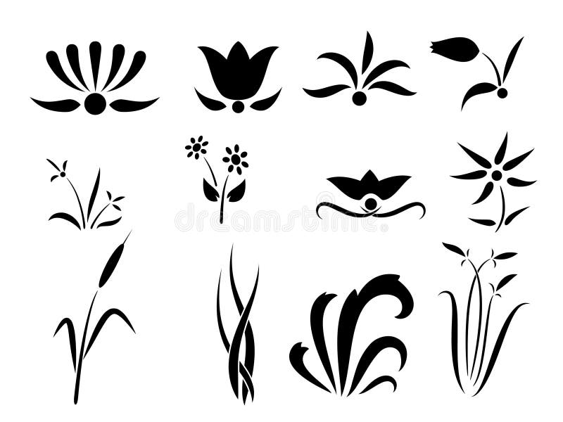 Insieme del fiore e dell'ornamento delle siluette delle piante illustrazione di stock Insieme del fiore e dell'ornamento delle siluette delle piante illustrazione di stock