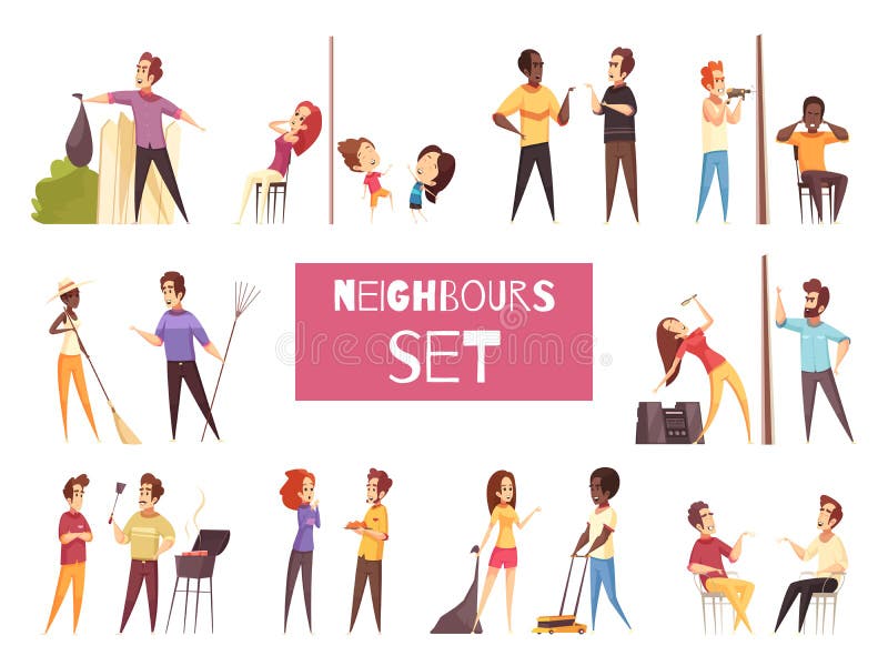 Neighbors cartoon set with friendship and quarrel between adult people living next to each other isolated vector illustration. Neighbors cartoon set with friendship and quarrel between adult people living next to each other isolated vector illustration