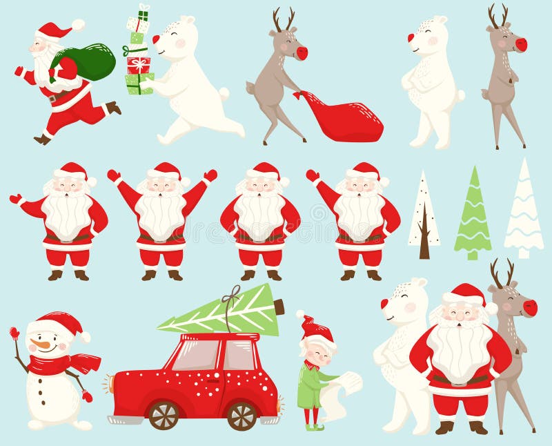 Insieme del gruppo di Natale Santa Claus, renna, orso, pupazzo di neve, elfo, automobile, albero di abete illustrazione vettoriale Insieme del gruppo di Natale Santa Claus, renna, orso, pupazzo di neve, elfo, automobile, albero di abete illustrazione vettoriale