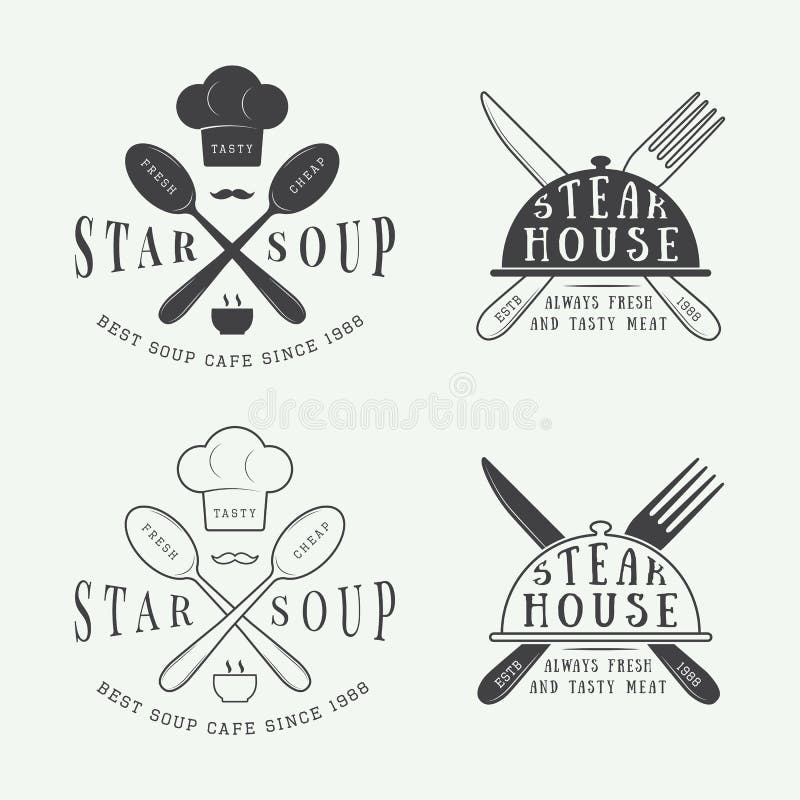 Insieme del logo d'annata, del distintivo e dell'emblema del ristorante con i cucchiai, le forchette ed i coltelli illustrazione di stock Insieme del logo d'annata, del distintivo e dell'emblema del ristorante con i cucchiai, le forchette ed i coltelli illustrazione di stock