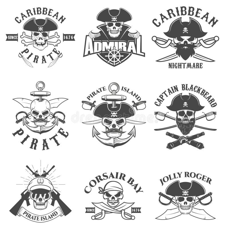 Insieme del logo dei pirati, delle etichette, degli emblemi e degli elementi di progettazione Corsai illustrazione vettoriale Insieme del logo dei pirati, delle etichette, degli emblemi e degli elementi di progettazione Corsai illustrazione vettoriale