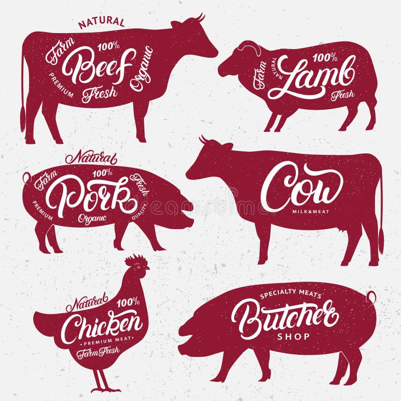 Insieme del logos della macelleria, etichette, emblemi, modelli dei manifesti illustrazione vettoriale Insieme del logos della macelleria, etichette, emblemi, modelli dei manifesti illustrazione vettoriale