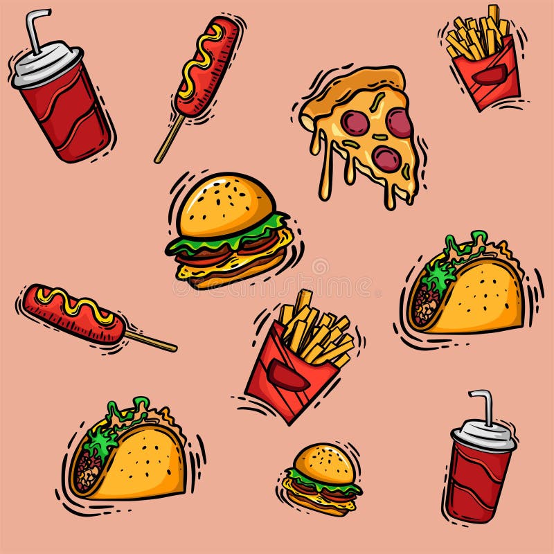 Insieme del menu disegnato a mano degli alimenti a rapida preparazione per progettazione di pubblicit? o d'imballaggio di vettore illustrazione di stock Insieme del menu disegnato a mano degli alimenti a rapida preparazione per progettazione di pubblicit? o d'imballaggio di vettore illustrazione di stock