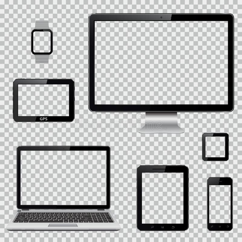Insieme del monitor realistico del computer, del computer portatile, della compressa, del telefono cellulare, dell'orologio astut illustrazione di stock