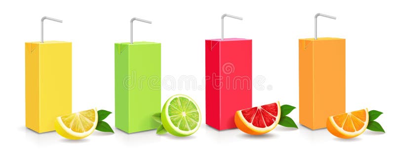 Insieme del pacchetto 3d della scatola di cartone del cartone dell'agrume del succo illustrazione vettoriale Insieme del pacchetto 3d della scatola di cartone del cartone dell'agrume del succo illustrazione vettoriale