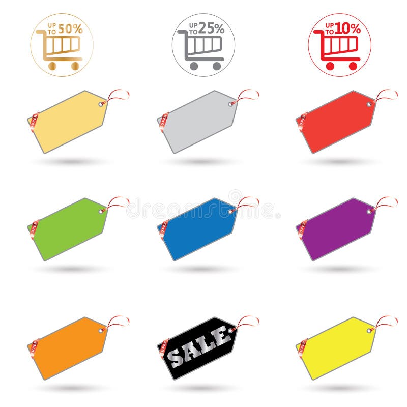 Price tags set. Colorful price tags and shopping basket icons on white background. Vector illustration. Advertising. Holiday sale discount banners collection. For Black Friday Sale, Cyber Monday Sale, Autumn Sale, Big Sale, Hot Deal Sale, Weekend Sale Promotion. Price tags set. Colorful price tags and shopping basket icons on white background. Vector illustration. Advertising. Holiday sale discount banners collection. For Black Friday Sale, Cyber Monday Sale, Autumn Sale, Big Sale, Hot Deal Sale, Weekend Sale Promotion.