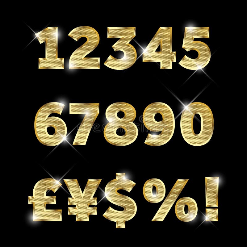 Insieme dell'alfabeto, dei numeri e delle valute brillanti del metallo dell'oro royalty illustrazione gratis Insieme dell'alfabeto, dei numeri e delle valute brillanti del metallo dell'oro royalty illustrazione gratis
