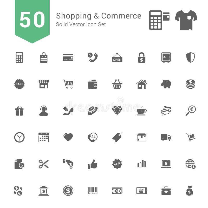 Insieme dell'icona di commercio e di acquisto 50 icone solide di vettore illustrazione vettoriale Insieme dell'icona di commercio e di acquisto 50 icone solide di vettore illustrazione vettoriale