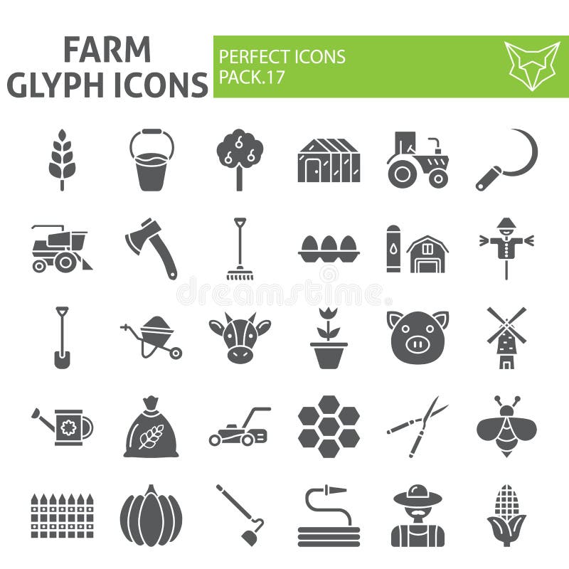 Insieme dell'icona di glifo dell'azienda agricola, simboli raccolta, schizzi di vettore, illustrazioni di logo, segni di giardina