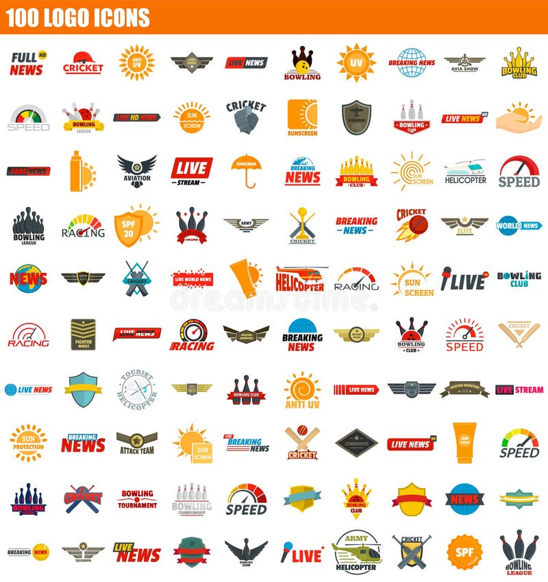 insieme dell'icona di 100 logo, stile piano illustrazione vettoriale insieme dell'icona di 100 logo, stile piano illustrazione vettoriale