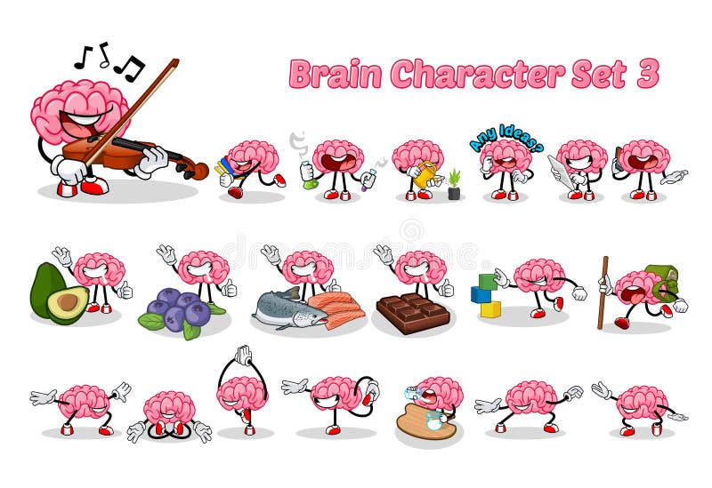 Insieme dell'illustrazione di Brain Cartoon Character Three Vector