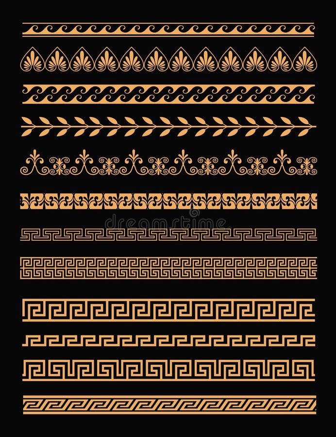 Insieme dell'illustrazione di vettore dei confini greci antichi e degli ornamenti senza cuciture nel colore dorato su fondo nero illustrazione di stock Insieme dell'illustrazione di vettore dei confini greci antichi e degli ornamenti senza cuciture nel colore dorato su fondo nero illustrazione di stock