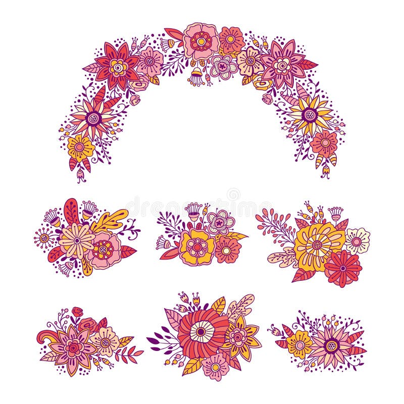 Insieme dell'illustrazione di vettore dei mazzi del fiore Decorazione disegnata a mano della corona dell'ornamento floreale royalty illustrazione gratis Insieme dell'illustrazione di vettore dei mazzi del fiore Decorazione disegnata a mano della corona dell'ornamento floreale royalty illustrazione gratis