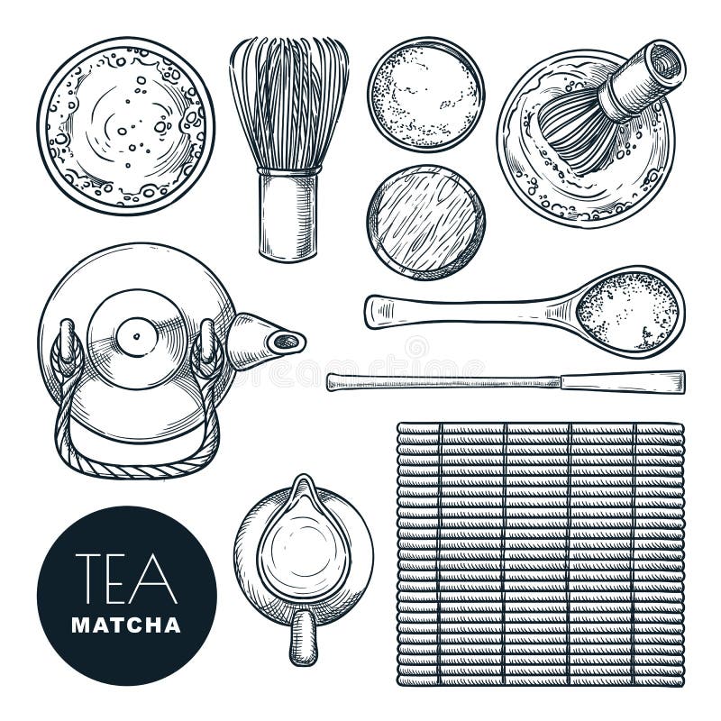 Insieme dell'ingrediente del tè verde di Matcha Cerimonia di tè giapponese, illustrazione disegnata a mano di schizzo di vettore illustrazione di stock Insieme dell'ingrediente del tè verde di Matcha Cerimonia di tè giapponese, illustrazione disegnata a mano di schizzo di vettore illustrazione di stock