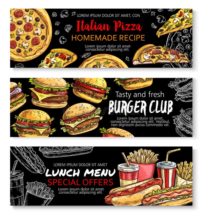 Insieme dell'insegna della lavagna di offerta speciale del menu degli alimenti a rapida preparazione illustrazione di stock