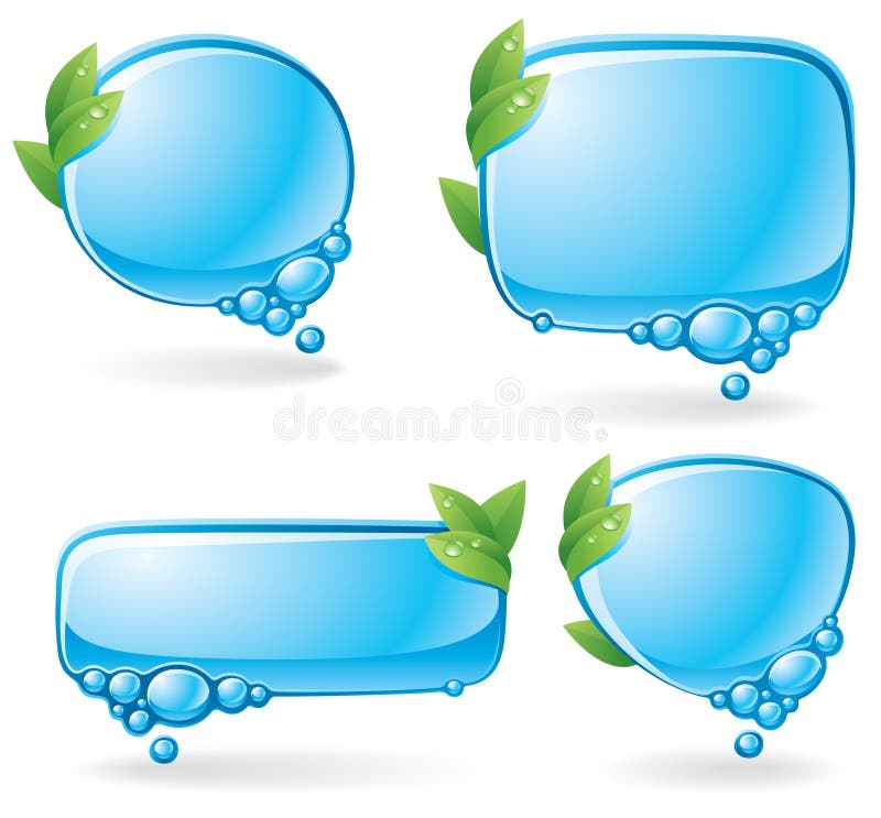 Set of speech bubbles formed from water and decorated with green leaves. Set of speech bubbles formed from water and decorated with green leaves