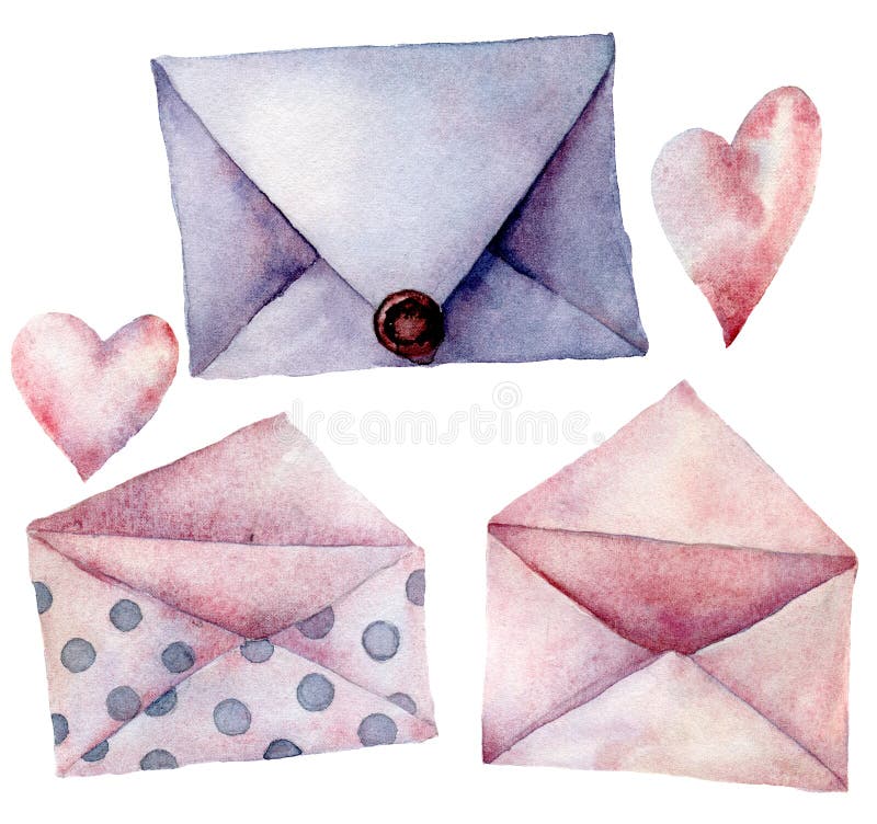 Insieme della busta dell'acquerello Buste rosa, della viola e del pois dipinte a mano isolate su fondo bianco Posta d'annata royalty illustrazione gratis Insieme della busta dell'acquerello Buste rosa, della viola e del pois dipinte a mano isolate su fondo bianco Posta d'annata royalty illustrazione gratis