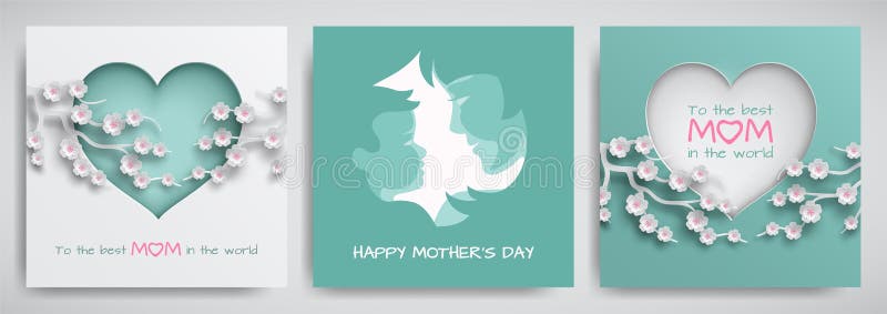Insieme della cartolina d'auguri verde e rosa per il giorno del ` s della madre Le donne e le siluette del bambino, ongratulation illustrazione vettoriale Insieme della cartolina d'auguri verde e rosa per il giorno del ` s della madre Le donne e le siluette del bambino, ongratulation illustrazione vettoriale