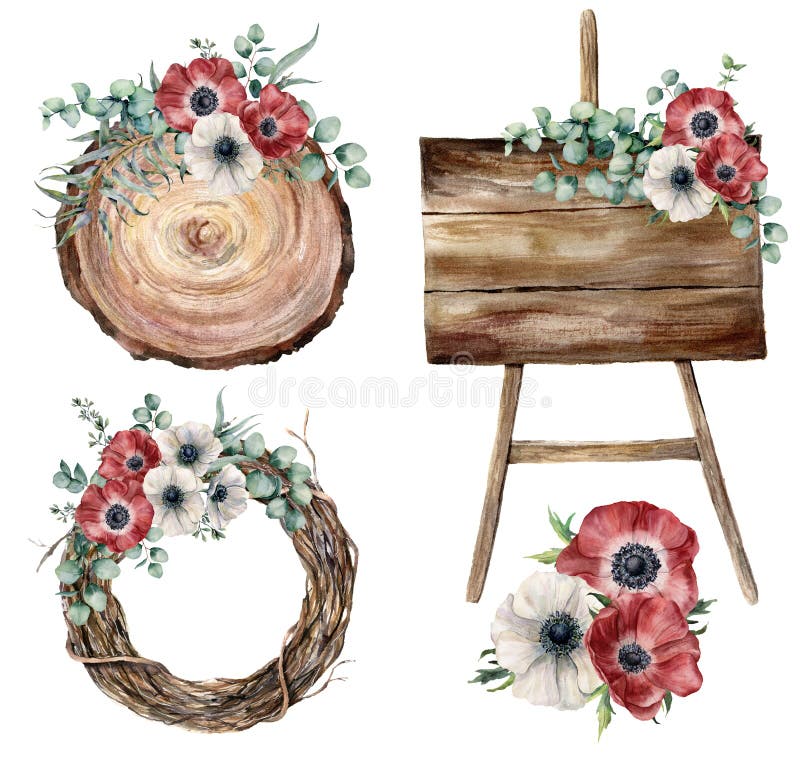 Insieme della decorazione del partito dell'acquerello Foglie dell'eucalyptus e brznches dipinti a mano, anemoni, piante, corona d royalty illustrazione gratis Insieme della decorazione del partito dell'acquerello Foglie dell'eucalyptus e brznches dipinti a mano, anemoni, piante, corona d royalty illustrazione gratis