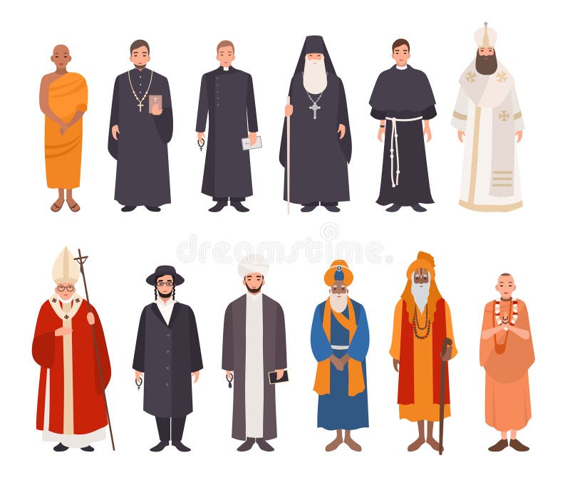 Insieme della gente di religione Monaco buddista differente della raccolta dei caratteri, sacerdoti cristiani, patriarchi, judais
