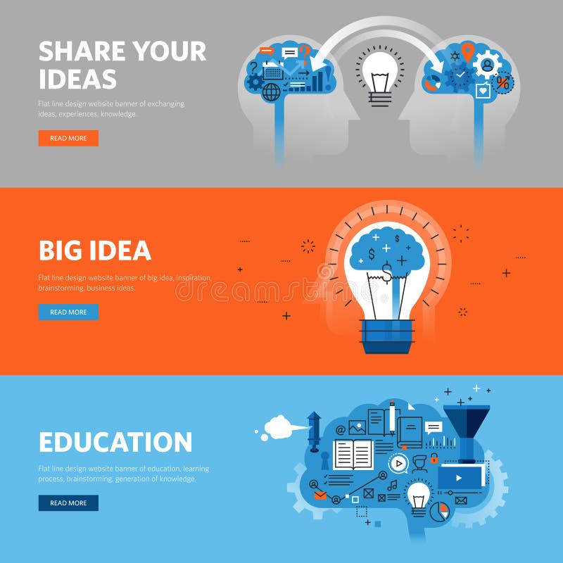 Insieme della linea piana insegne di web di progettazione per istruzione, apprendimento, 'brainstorming', scambiante le idee illustrazione vettoriale Insieme della linea piana insegne di web di progettazione per istruzione, apprendimento, 'brainstorming', scambiante le idee illustrazione vettoriale