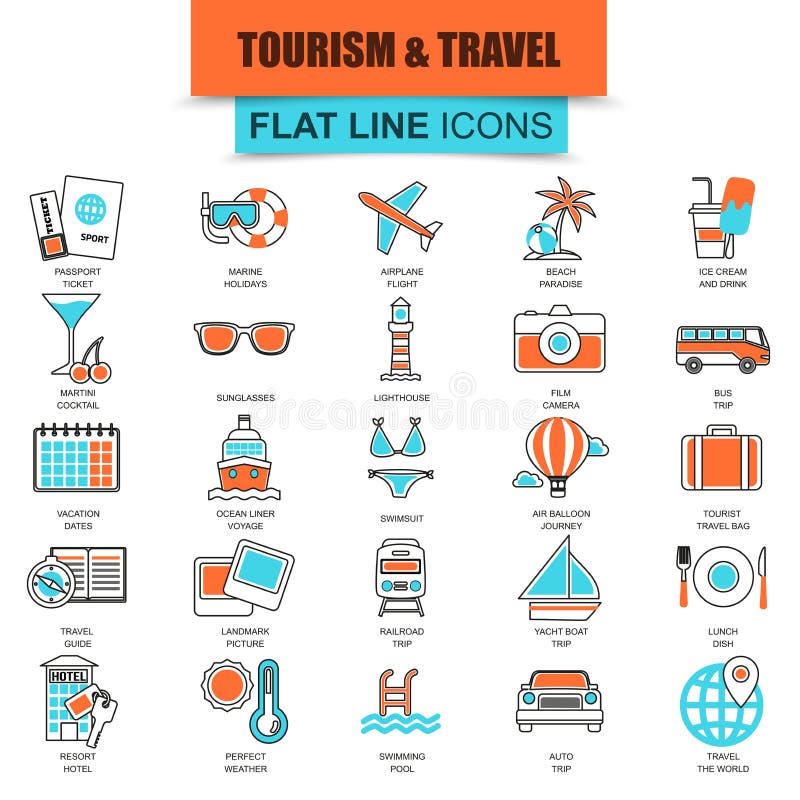 Insieme della linea sottile ricreazione di turismo delle icone, vacanza di viaggio all'hotel di località di soggiorno illustrazione di stock Insieme della linea sottile ricreazione di turismo delle icone, vacanza di viaggio all'hotel di località di soggiorno illustrazione di stock