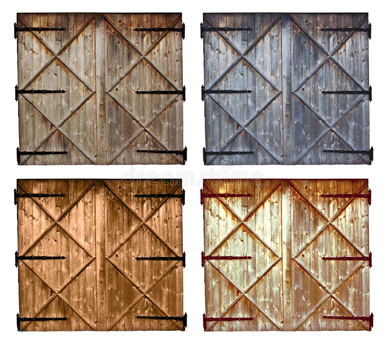 Insieme della porta di legno granaio differente di colori del vecchio isolata su bianco