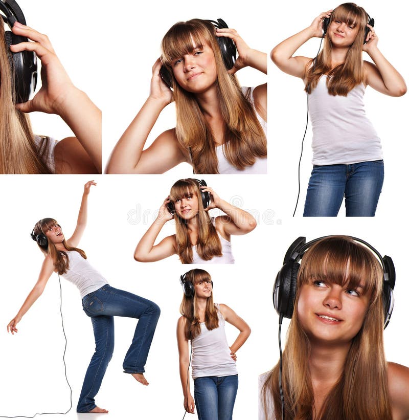 Insieme della ragazza teenager sorridente di immagini che ascolta la musica isolato su bianco fotografie stock libere da diritti Insieme della ragazza teenager sorridente di immagini che ascolta la musica isolato su bianco fotografie stock libere da diritti