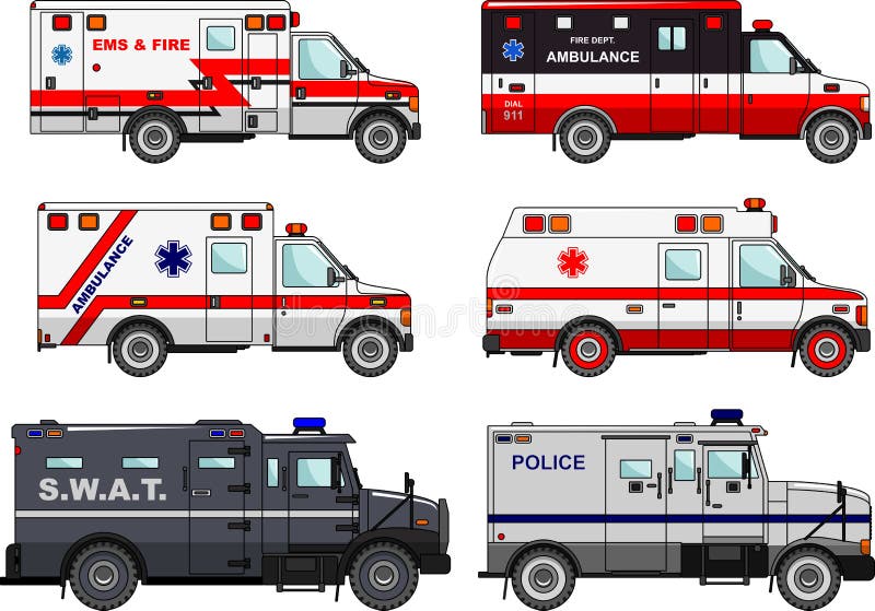 Insieme delle automobili differenti del camion dei vigili del fuoco, della polizia e dell'ambulanza nello stile piano su fondo bi