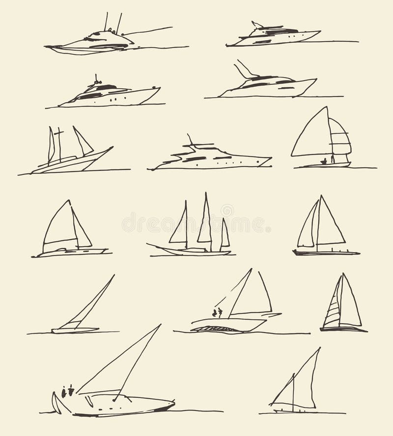 Insieme delle barche disegnate a mano, illustrazione di vettore illustrazione di stock Insieme delle barche disegnate a mano, illustrazione di vettore illustrazione di stock