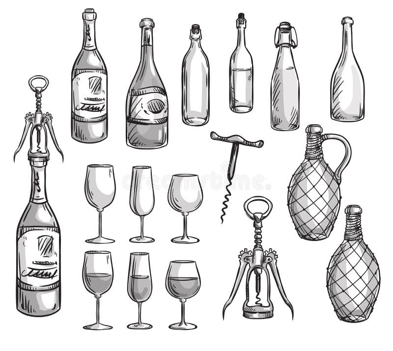 Insieme delle bottiglie di vino, dei vetri e delle cavaturaccioli illustrazione di stock Insieme delle bottiglie di vino, dei vetri e delle cavaturaccioli illustrazione di stock