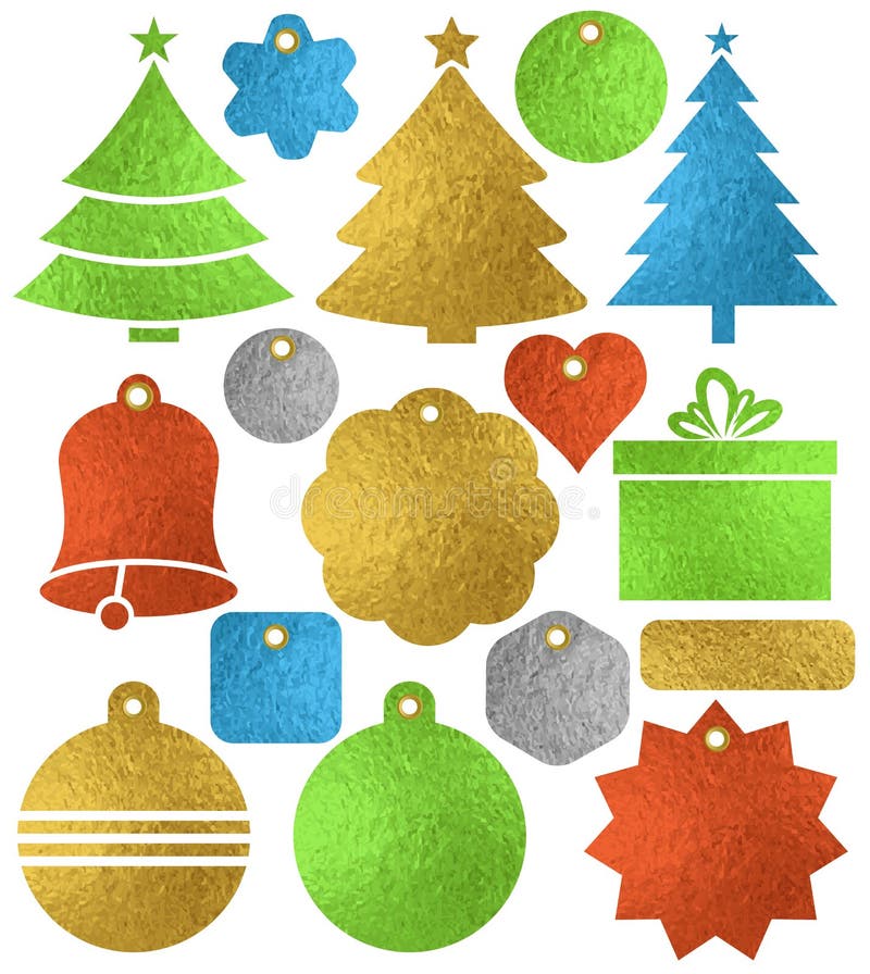 Insieme delle etichette brillanti dorate di natale di colore, scatola, albero, campana illustrazione di stock Insieme delle etichette brillanti dorate di natale di colore, scatola, albero, campana illustrazione di stock