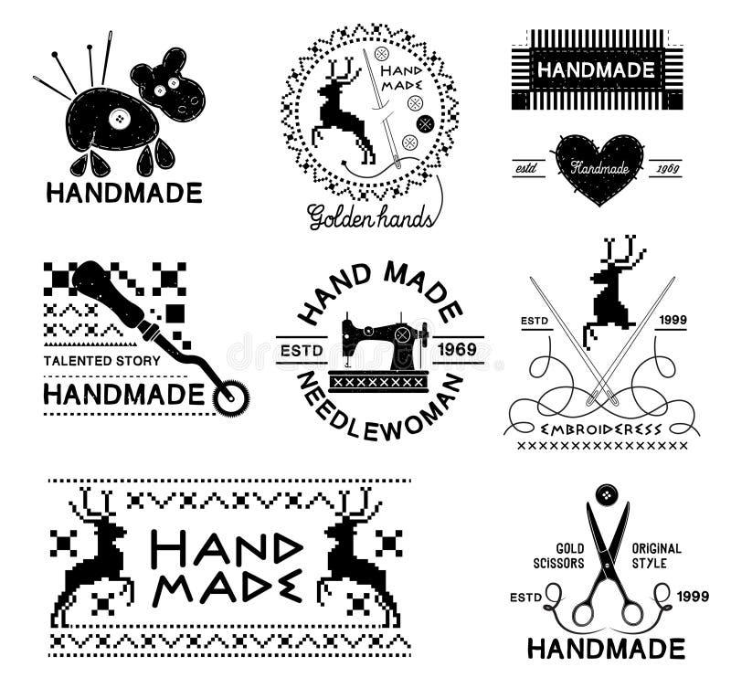 Insieme delle etichette d'annata del sarto e fatte a mano, degli emblemi e degli elementi progettati illustrazione di stock Insieme delle etichette d'annata del sarto e fatte a mano, degli emblemi e degli elementi progettati illustrazione di stock