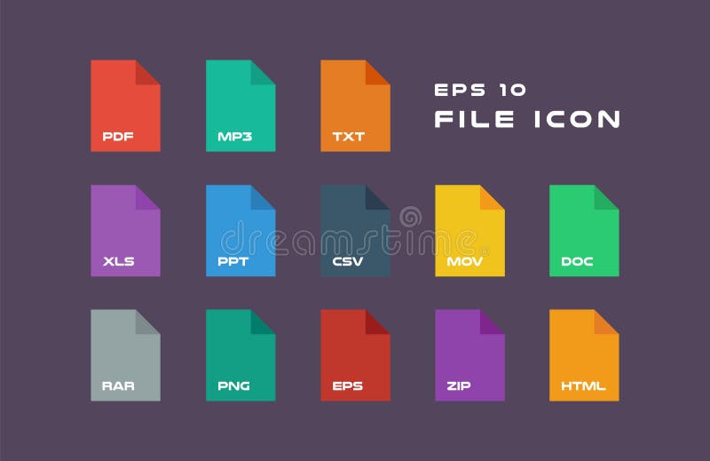 Insieme delle etichette del documento e delle icone di formati di file PDF, MP3, TXT, XLS, PPT, CSV, MOVIMENTI, DOCUMENTO, RAR, P royalty illustrazione gratis Insieme delle etichette del documento e delle icone di formati di file PDF, MP3, TXT, XLS, PPT, CSV, MOVIMENTI, DOCUMENTO, RAR, P royalty illustrazione gratis