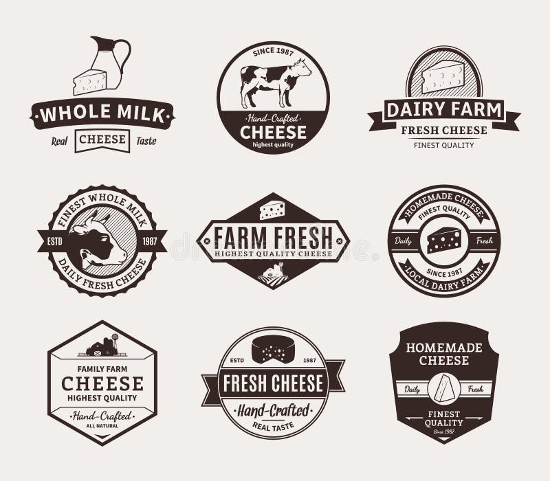 Insieme delle etichette del formaggio di vettore, delle icone e degli elementi di progettazione illustrazione di stock Insieme delle etichette del formaggio di vettore, delle icone e degli elementi di progettazione illustrazione di stock