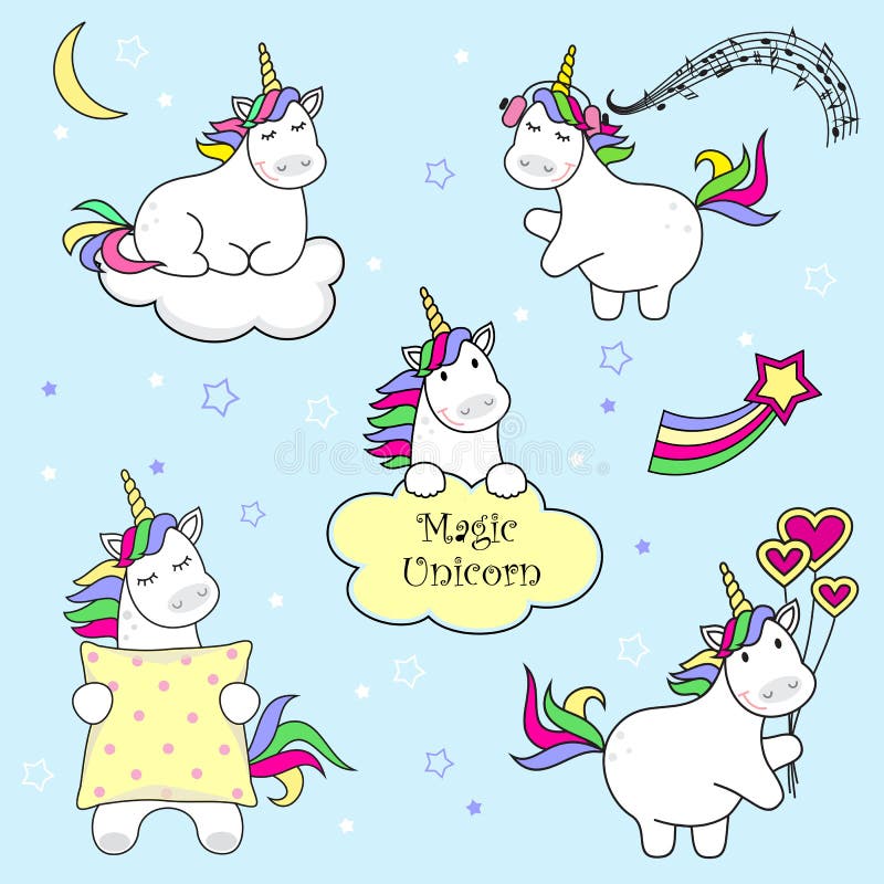 Insieme delle icone dell'unicorno, dell'arcobaleno e delle stelle svegli, illustrazione del bambino, progettazione del fumetto illustrazione vettoriale Insieme delle icone dell'unicorno, dell'arcobaleno e delle stelle svegli, illustrazione del bambino, progettazione del fumetto illustrazione vettoriale
