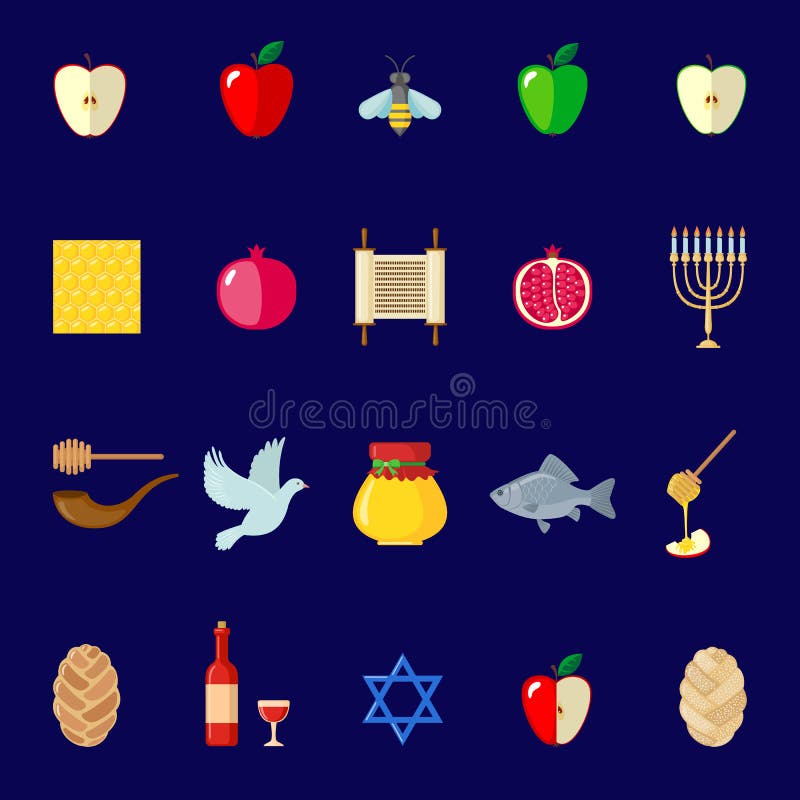 Insieme delle icone di Rosh Hashanah nello stile piano illustrazione di stock Insieme delle icone di Rosh Hashanah nello stile piano illustrazione di stock