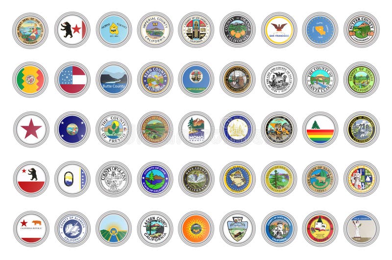 Insieme delle icone di vettore Guarnizioni dello stato di California, U.S.A. illustrazione di stock Insieme delle icone di vettore Guarnizioni dello stato di California, U.S.A. illustrazione di stock
