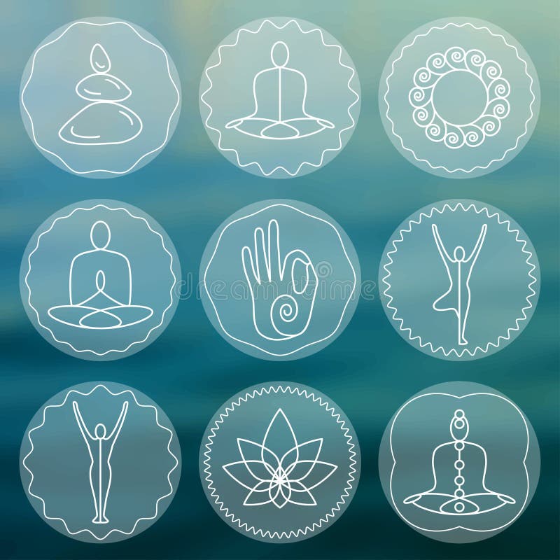 Insieme delle icone lineari di yoga, logos di yoga nello stile del profilo illustrazione di stock Insieme delle icone lineari di yoga, logos di yoga nello stile del profilo illustrazione di stock