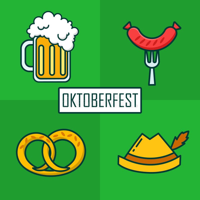 Insieme delle icone per Oktoberfest con la tazza di birra, il cappello, la salsiccia e il brezn Linea sottile progettazione piana illustrazione di stock Insieme delle icone per Oktoberfest con la tazza di birra, il cappello, la salsiccia e il brezn Linea sottile progettazione piana illustrazione di stock