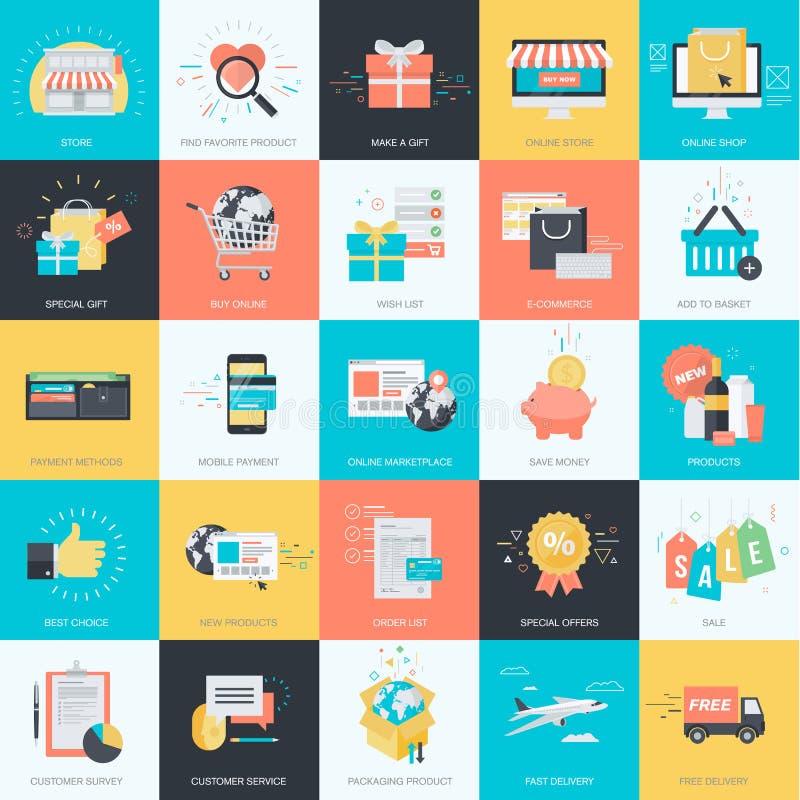 Insieme delle icone piane di stile di progettazione per il commercio elettronico, acquisto online royalty illustrazione gratis Insieme delle icone piane di stile di progettazione per il commercio elettronico, acquisto online royalty illustrazione gratis