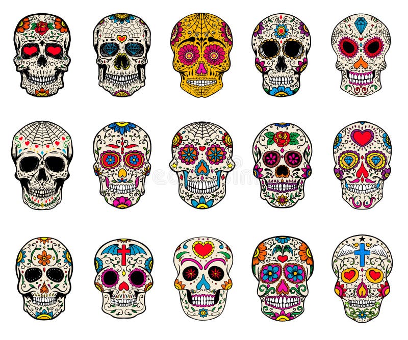 Insieme delle illustrazioni dei crani dello zucchero Giorno guasto Dia De Los Muertos
