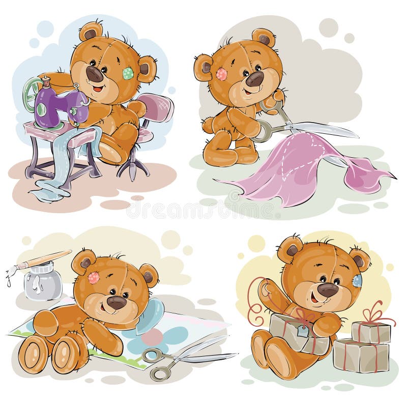 Insieme delle illustrazioni di clipart di vettore degli orsacchiotti e del loro hobby della domestica della mano